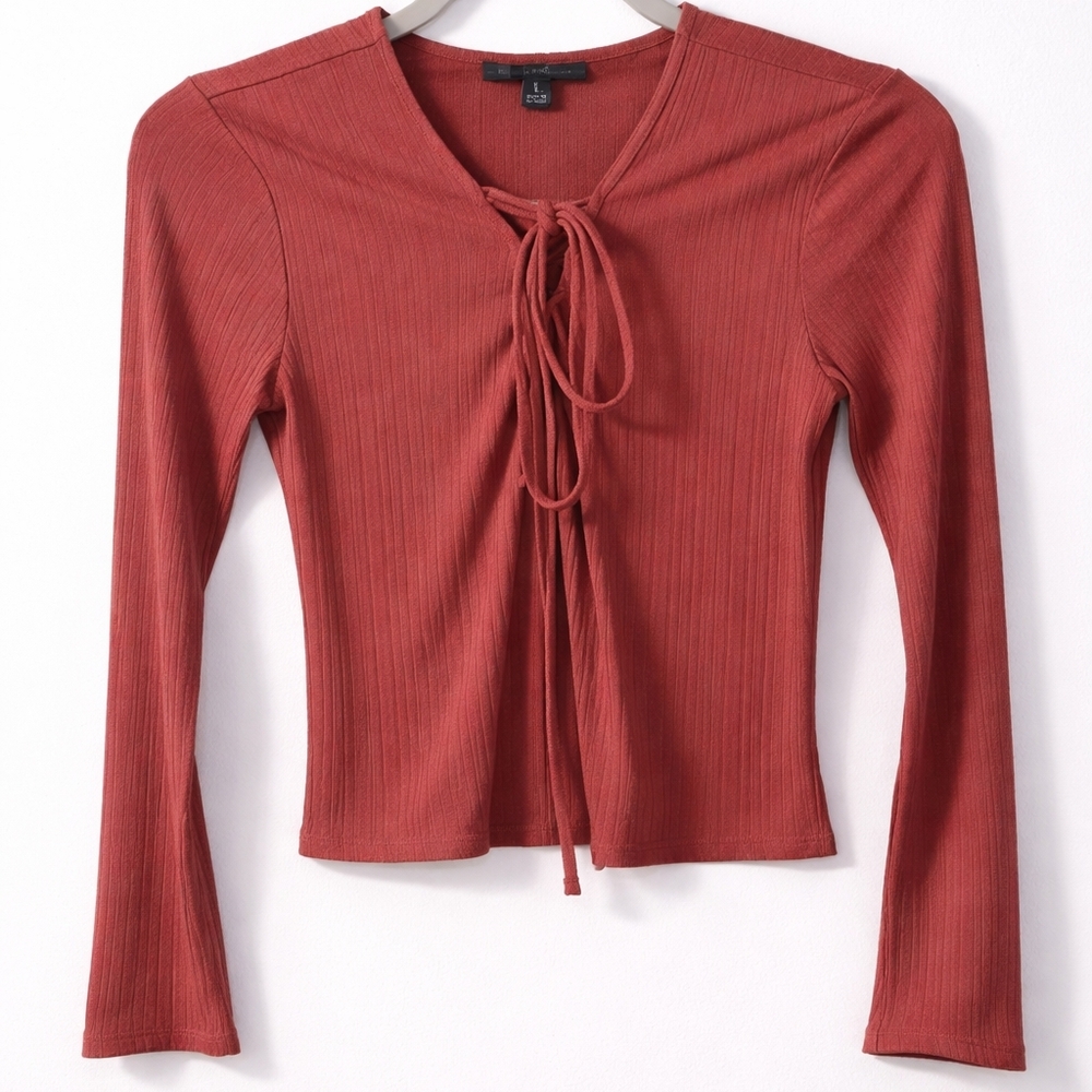 Elegant Lace-up Top Size L Dusty Rose Pink Ribbed Blouse